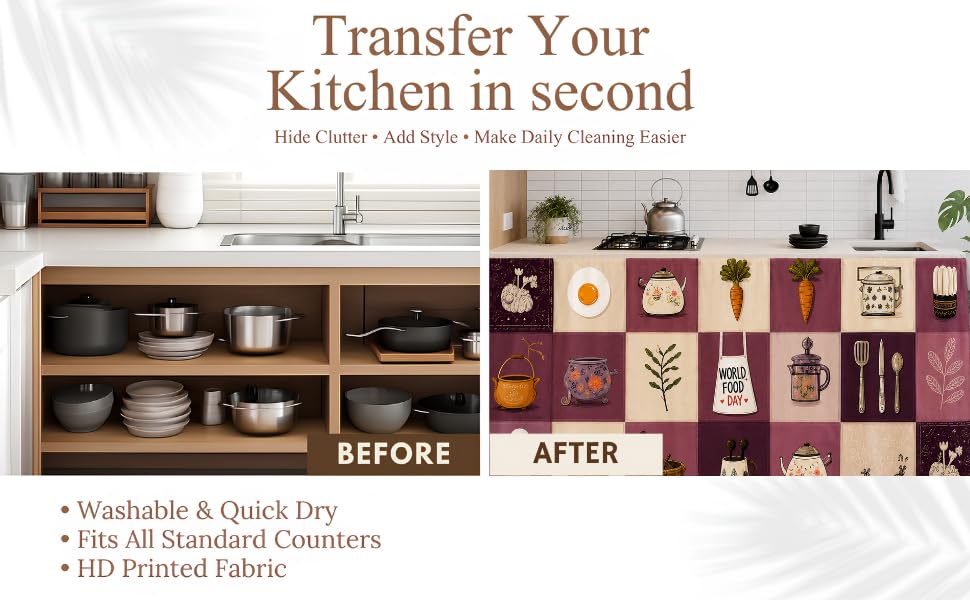 Image of Kitchen Curtains for Sink | Premium Printed Under-Sink Skirt for Kitchen Counter | Washable & Dustproof Rod Pocket Curtain | Home & Cooking Theme Decor (150cm x 70cm) (Purple Kitli)