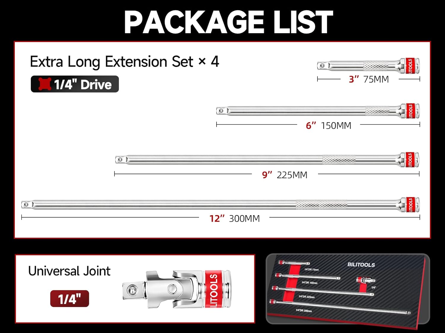 BILITOOLS 5-Pc 1/4" Drive Socket Extension Set with Extra Long Extension Bar and Universal Joint.