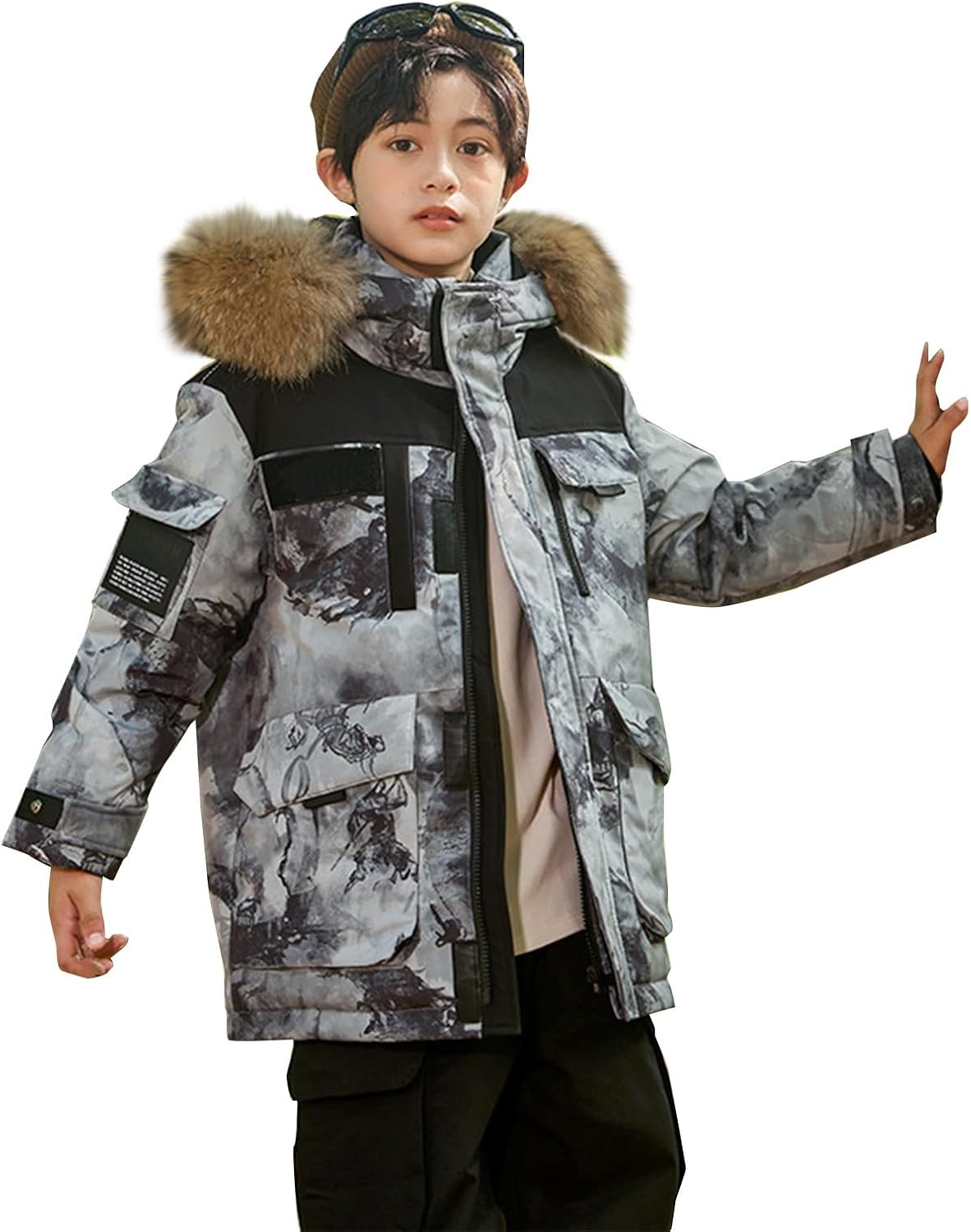 Boys Puffer Parka Coats Faux-Fur Hood Winter Insulated Down Jackets Kids Thick Warm Outdoor Hiking Puffer Outwear