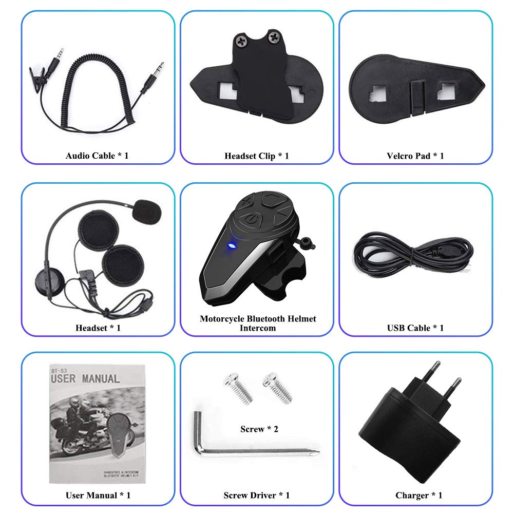 BT-S3 1000m Motorrad-Intercom-Helm-Headset Echtzeit-Kommunikationssysteme Freisprech-FM-Radio wasserdichte Bluetooth-Intercom für 2 oder 3 Fahrer(1 Stück)