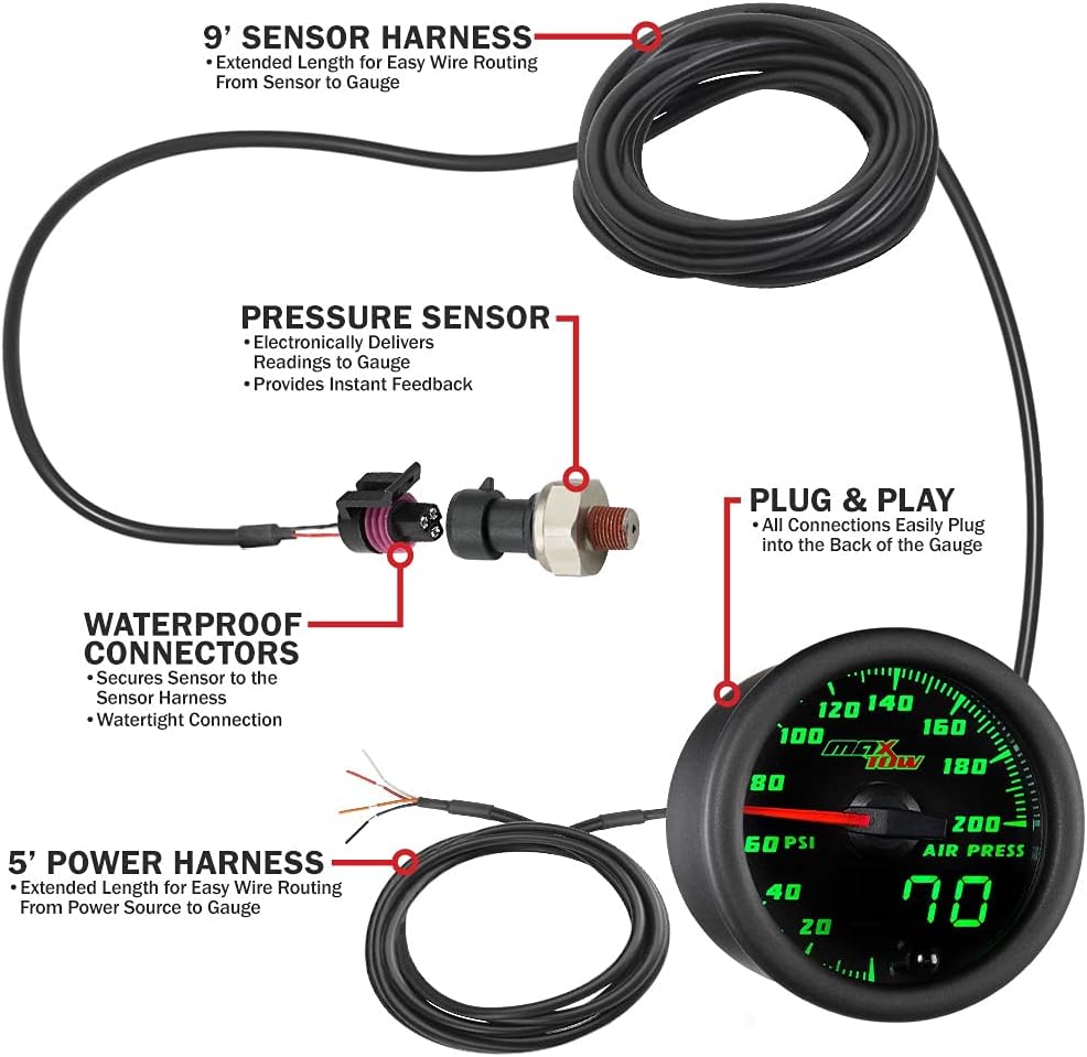 MaxTow Double Vision 200 PSI Air Pressure Gauge Kit - Includes Electronic Sensor - Black Gauge Face - Green LED Dial - Analog & Digital Readouts - for Air Ride Suspension Systems - 2-1/16" 52mm