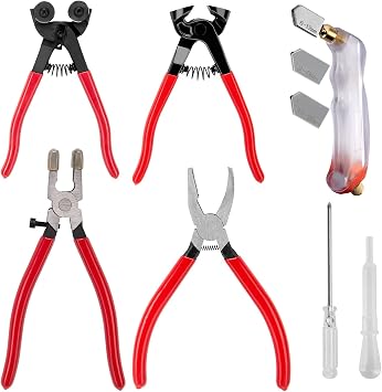 Glass Cutting Tool Kit 220 mm Glass Cutter, 8" Tile Nippers, 8" Curved-Jaw Glass Running Pliers & 6" Breaker/Grozer Pliers for Stained Glass, Tile & Mosaic Cutting