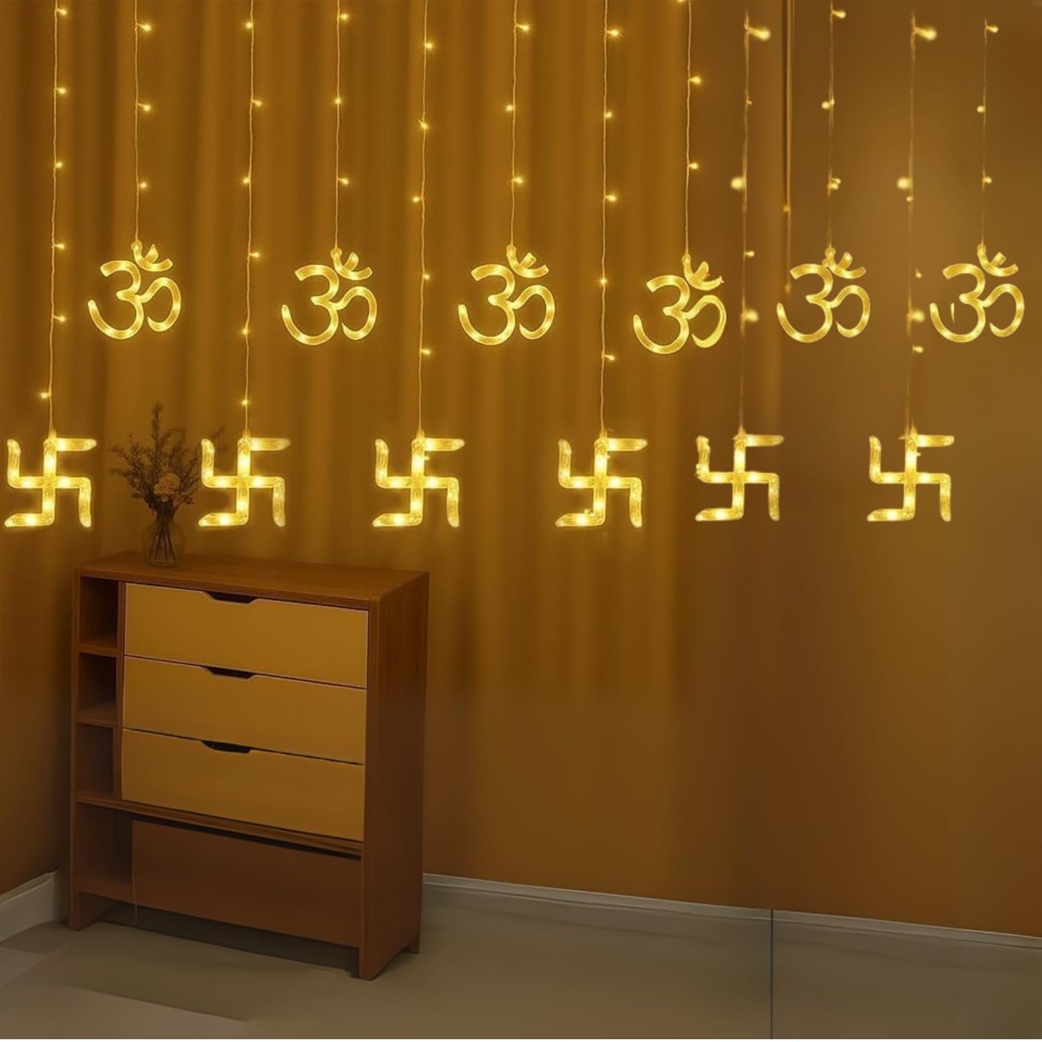 One94Store Plastic Swastik Om Curtain Warm White String Lights 6 Swastik 6 Om 114 Led 3 Meter Window Curtain Lights with 8 Flashing Modes for Indoor Outdoor Decoration (Plug-in, Warm White)