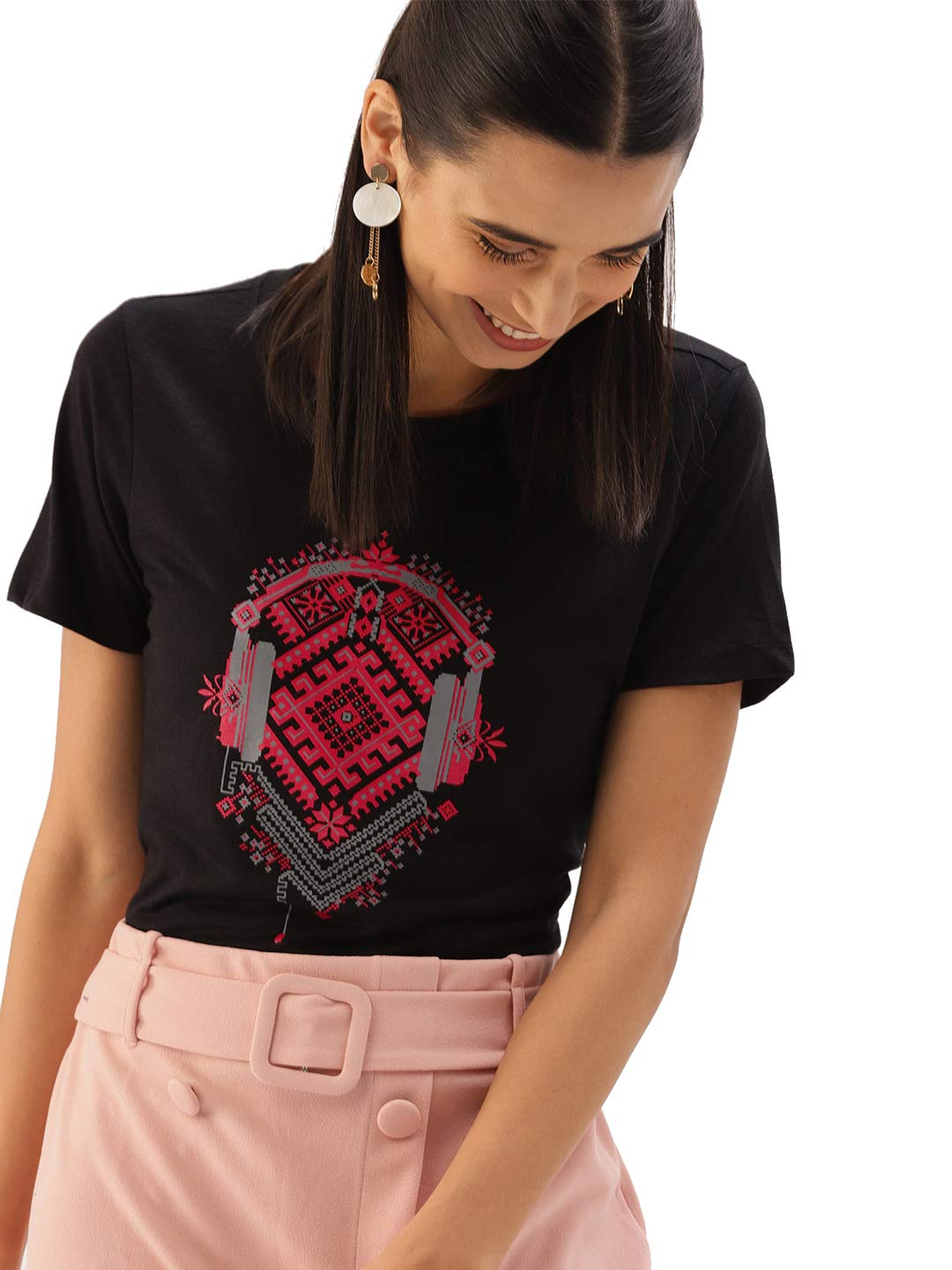 Stylish Plain Black Printed Cotton Tshirt for Women (Black)-image-7