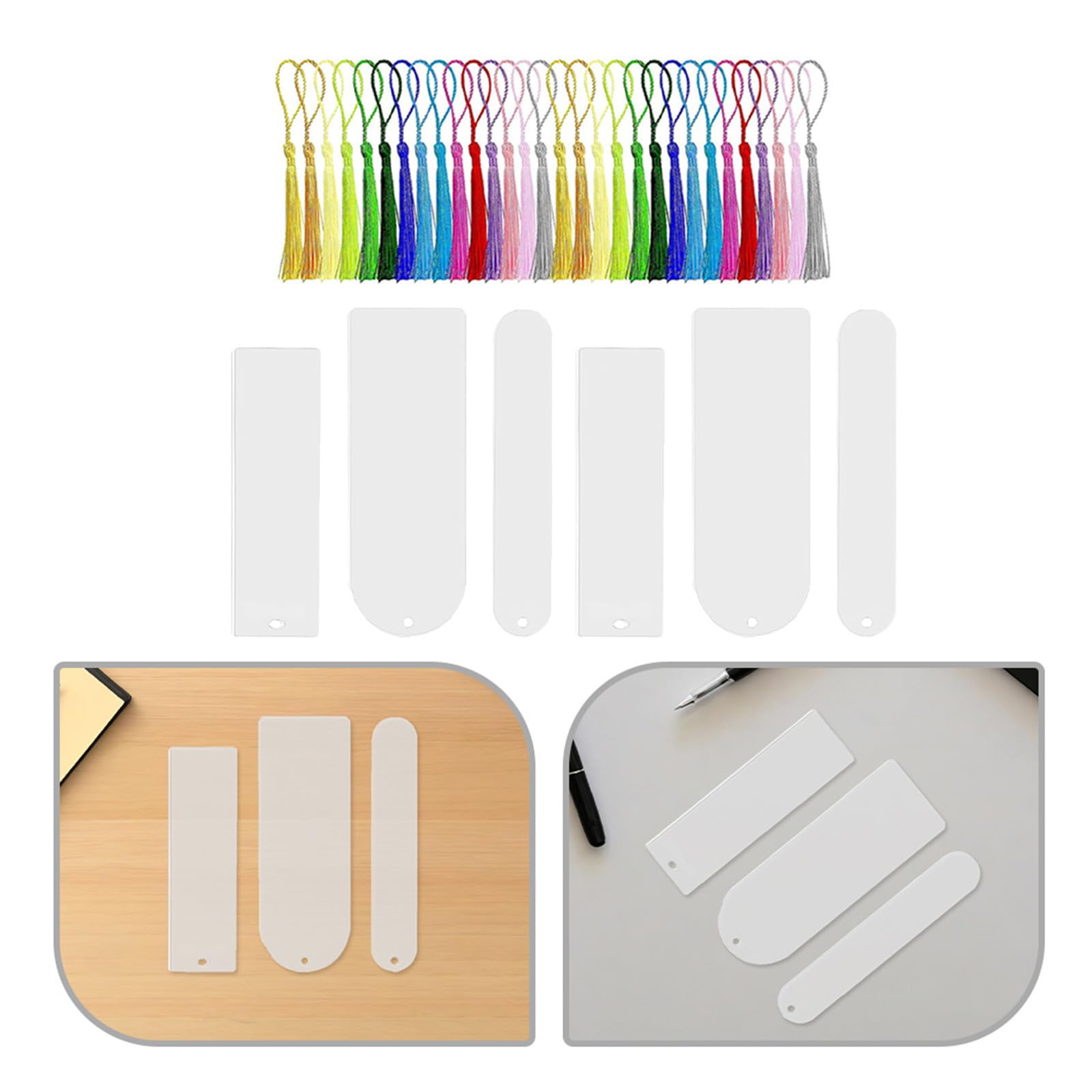 Marcapáginas Acrílicos en Blanco con Borlas, Rectangulares Transparentes