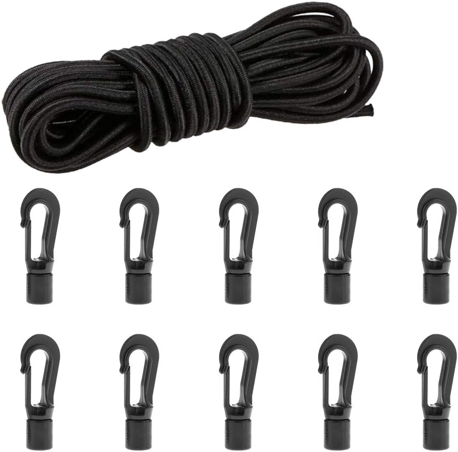 1/4" Elastic Bungee Cord Kayak Stretch String Shock Cords Rope with Bungee Shock Cord Hooks for Kayak Boat Camping Accessories Indoor&Outdoor Activities (10 Hook & 26.25 Ft Cord)