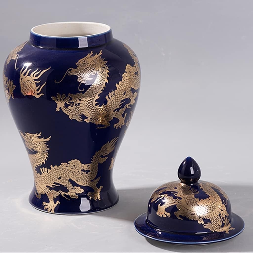 Niebieski, złoty, chiński, tradycyjny ceramiczny wazon na imbir w kształcie smoka, do dekoracji wnętrz, duży ceramiczny wazon na imbir z pokrywką, średni biały
