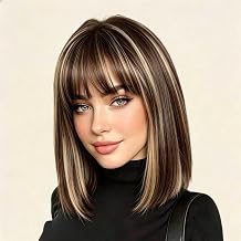 Brown Mix Blonde Short Straight Bob Wig with Bangs for Women 12Inch