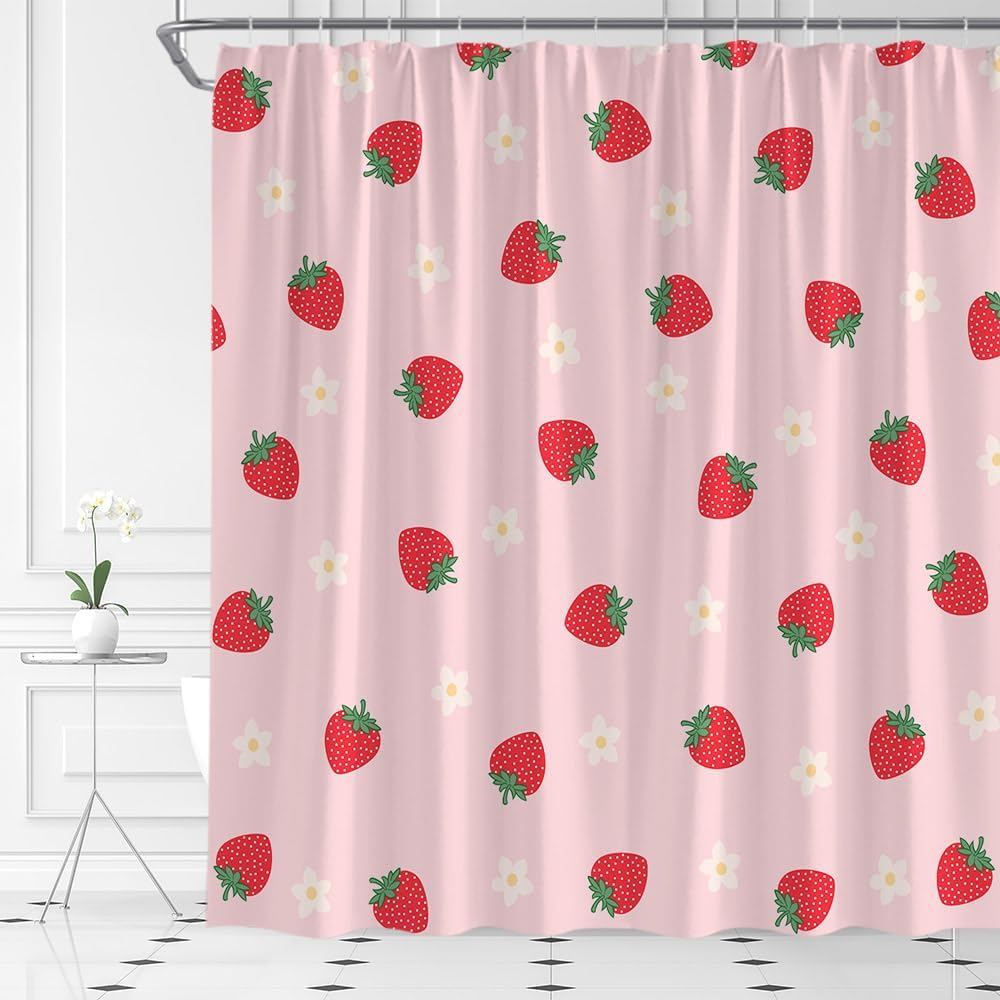 Cute Strawberry Shower Curtain Pink Flower Fruit Print Girls Modern Cartoon Fabric Bathroom Decor Set with Hooks(70" Wx84 H)