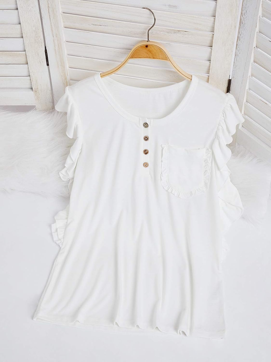 GAMISOTE Womens Ruffle Sleeve T Shirt 1/4 Button Down Casual Loose Summer Tees Tops
