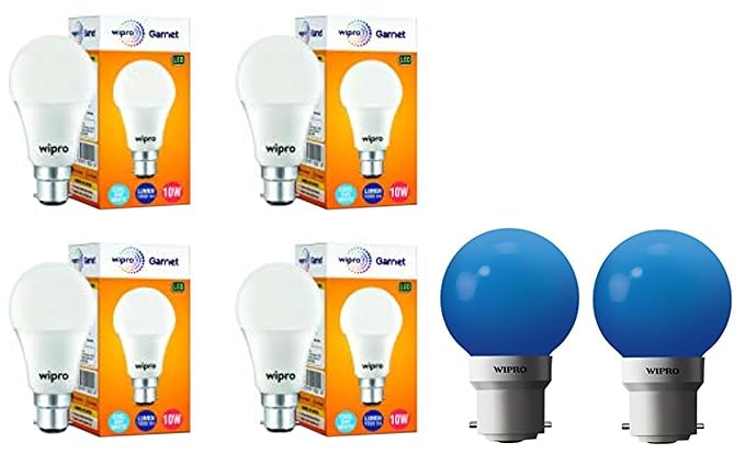 wipro Garnet Base B22D 10-Watt LED Bulb (Pack of 4, White) Glass Safelite N10004 B22 0.5-Watt Led Night Lamp (Pack Of 2, Blue)