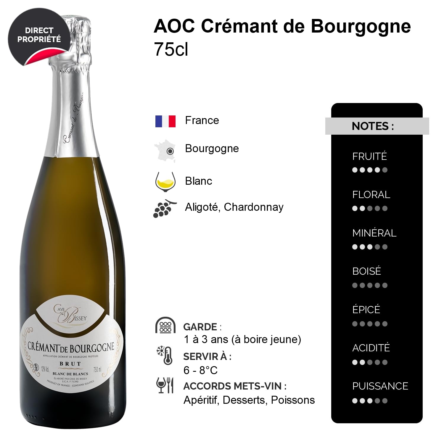 Crémant de Bourgogne Blanc de Blancs Brut - Blanc - Cave de Bissey - Vin Blanc de Bourgogne (3x75cl) Effervescent