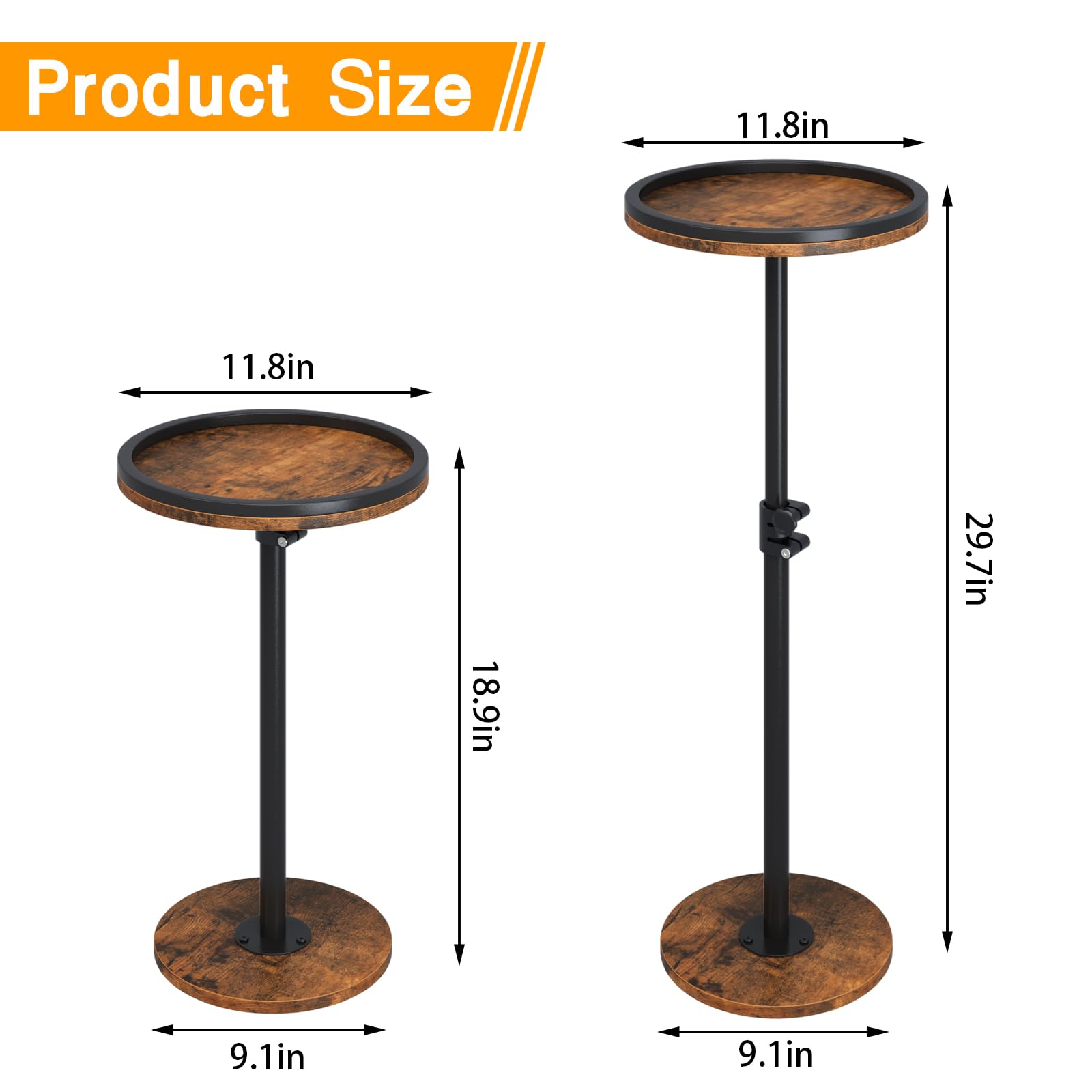 Mesa auxiliar pequeña, mesa de bebidas, mesa auxiliar redonda ajustable en altura, mesa auxiliar de pedestal para espacios pequeños en sala de estar, dormitorio, marrón 3