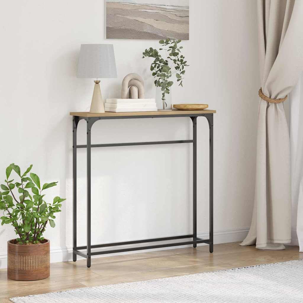 Stolik konsolowy z dębu Artisan, 75 x 19,5 x 75 cm, wąski stolik pomocniczy z czarną ramą stalową, trwały materiał drewnopochodny do salonu, przedpokoju lub sypialni
