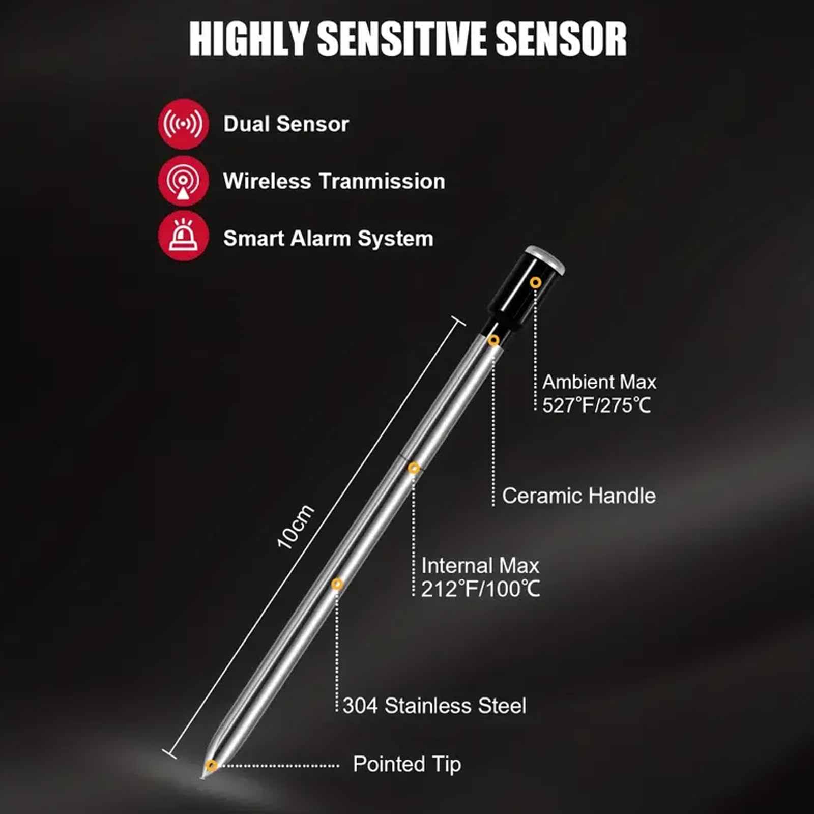 Bezprzewodowy termometr do mięsa, termometr do mięsa, 1 sonda ceramiczna, inteligentny cyfrowy termometr bezprzewodowy do mięsa Bluetooth, wodoodporny podwójny czujnik IP67, idealny do steków, grilla
