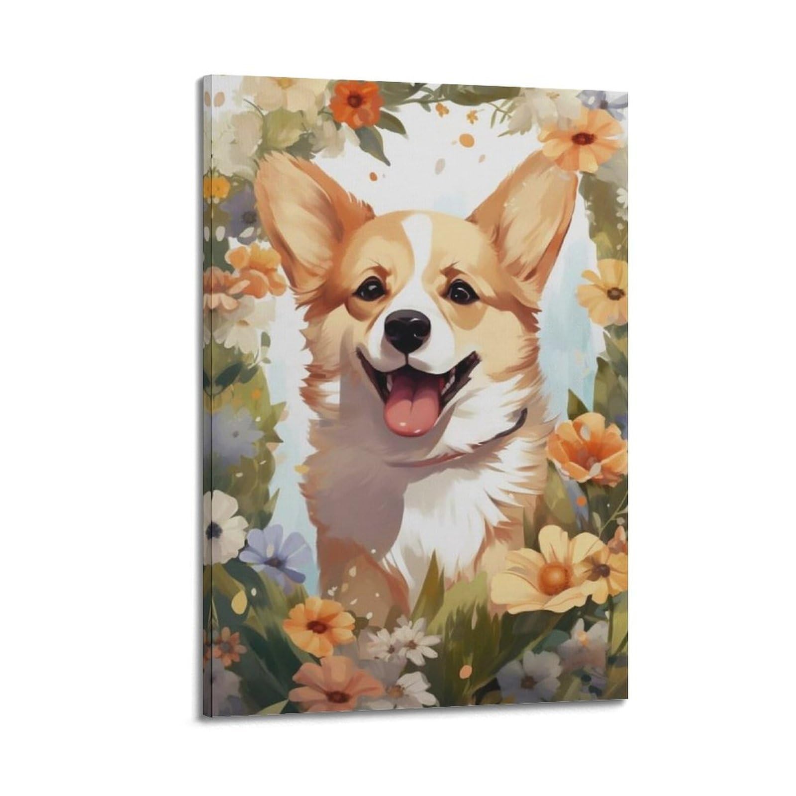 Lvalogy Animal Corgi Dog Flower Cute Puppy Art Poster