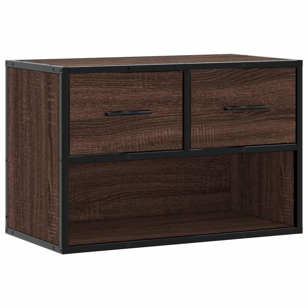 YUANCHUTOP Small Floating TV Unit Stand 60cm, Wall Mounted Media Console with 2 Drawers & Storage Shelf, Industrial Style Hanging Wall Cabinet, Brown+Oak