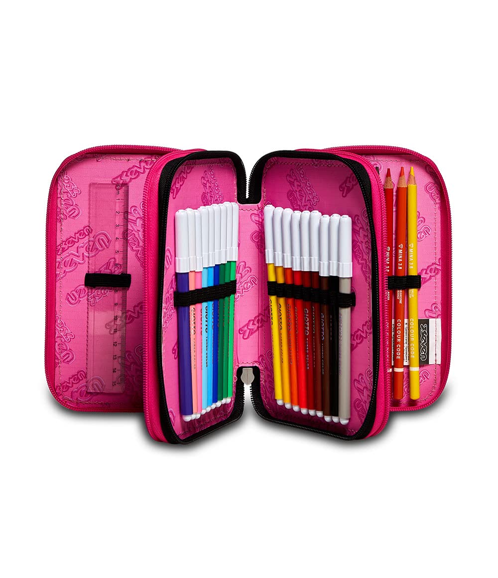 Seven Astuccio Scuola 3 Zip, Rosa Fantasia a Cuori, Glamheart Girl, Portapenne Triplo Scomparto con Matite, Penne e Colori, Accessori Zaino, Scuola, Bambina Ragazza