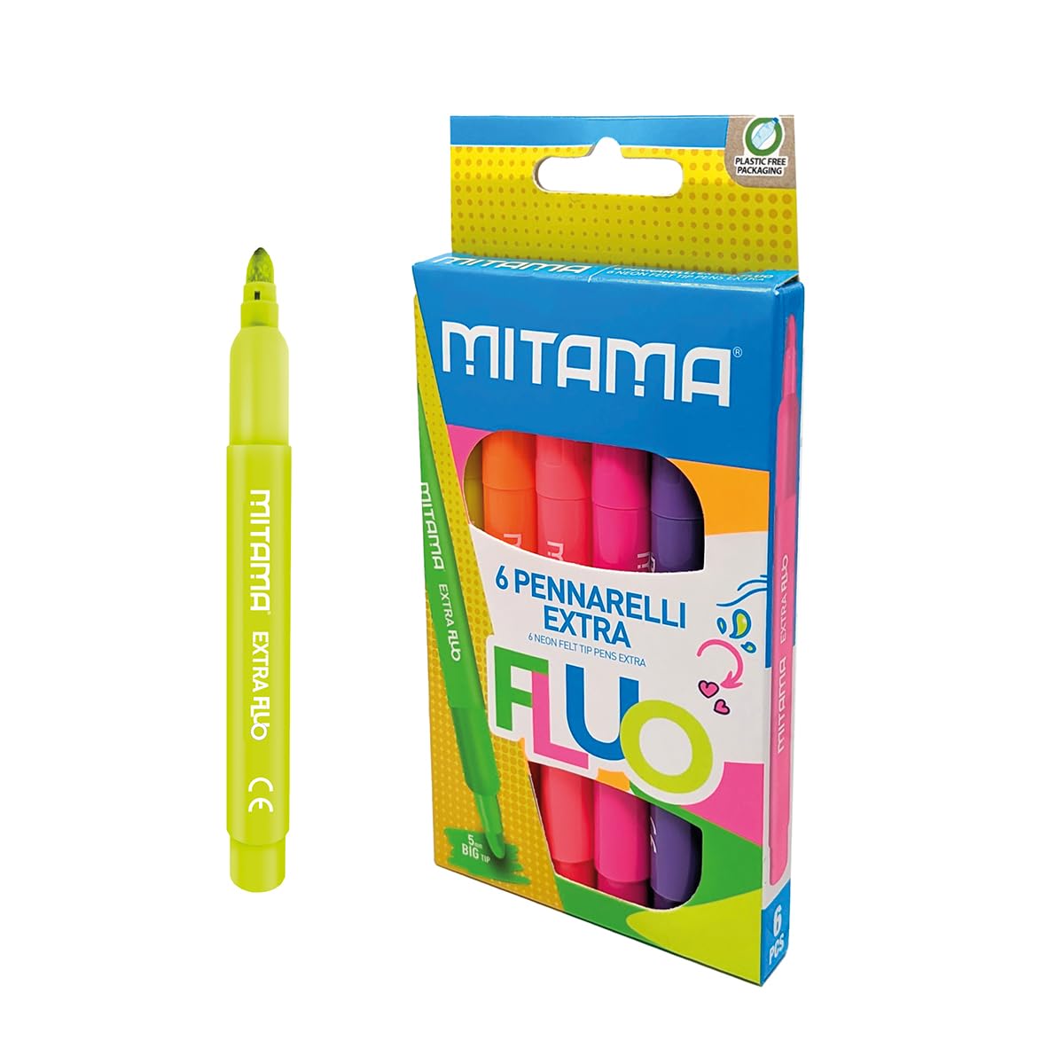 Mitama Marker Extra Fluo, końcówka maxi, 6 markerów, neonowe kolory, nasadka zapobiegająca zadławieniu, końcówka maxi 5 mm, kolory szkolne, kredki, piórnik szkolny