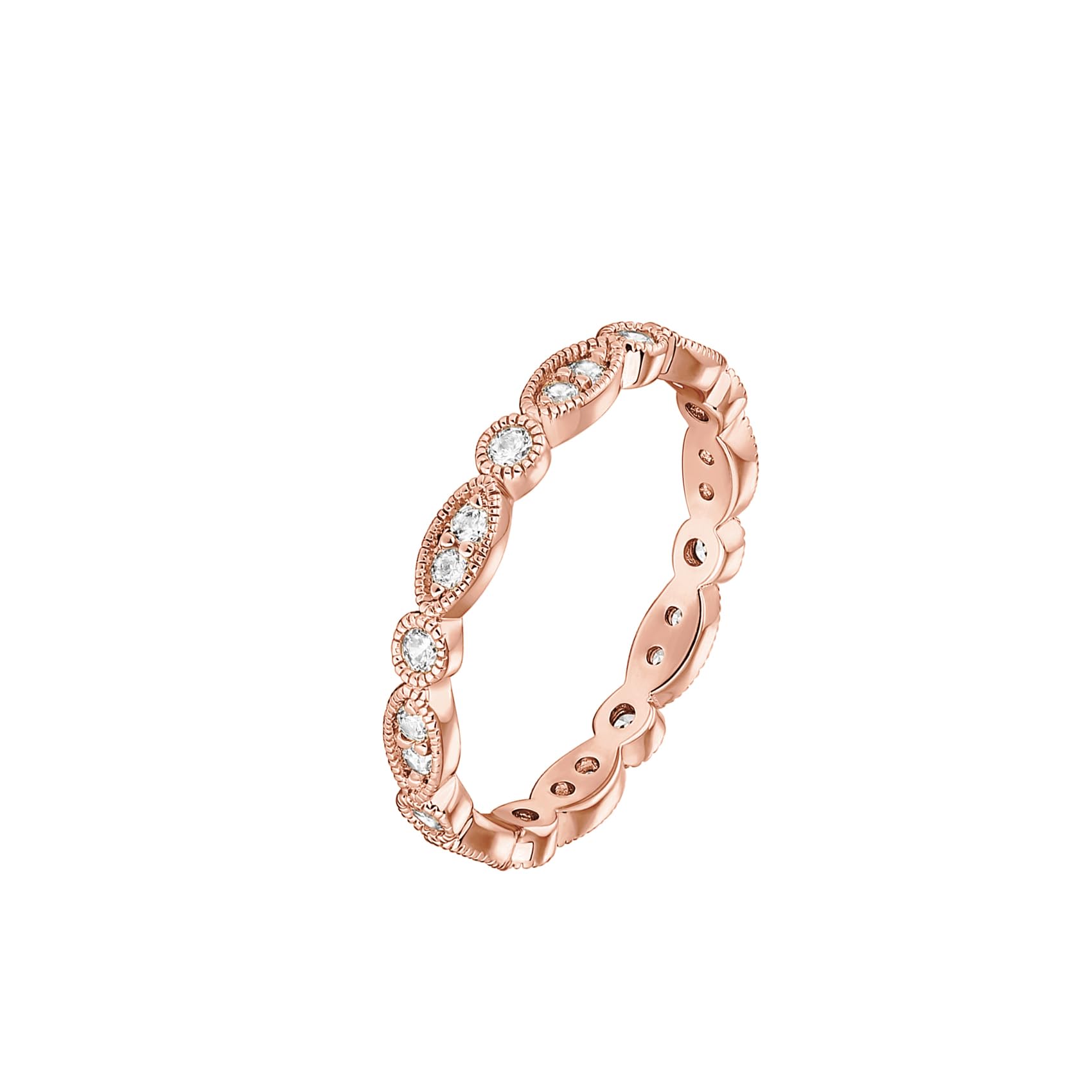 PAVOI 14K Gold Plated Cubic Zirconia Band | Round Milgrain Eternity Bands | Gold Rings for Women: Rose Gold 9