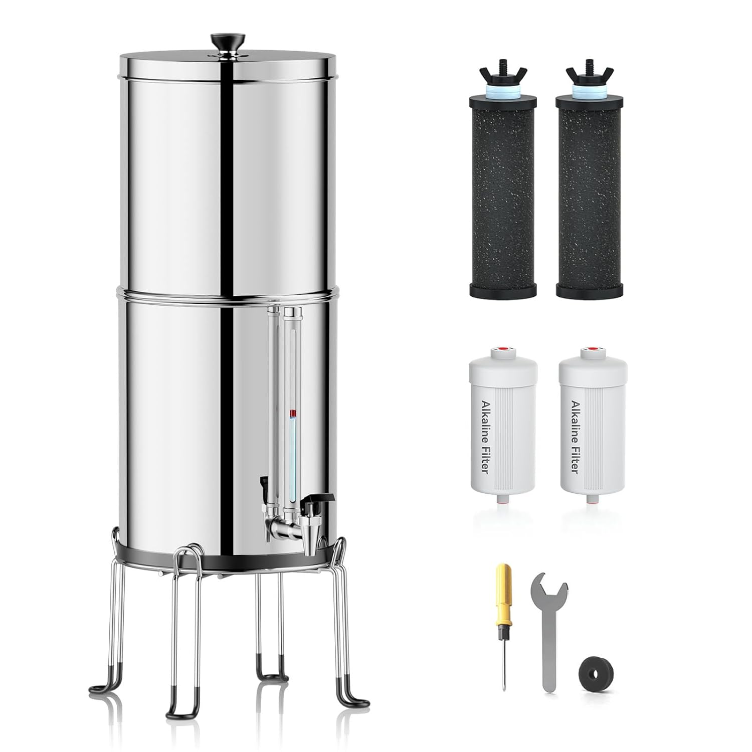 Purewell 7-Stage 0.01?m Ultra-Filtration Alkaline Water Filter System with 4 Filters, Metal Water Level Spigot and Stand, 304 Stainless Steel, Reduce Fluoride & Chlorine, pH 8-9, 2.25G, PW-OB-FT PH & Fluoride System Silver