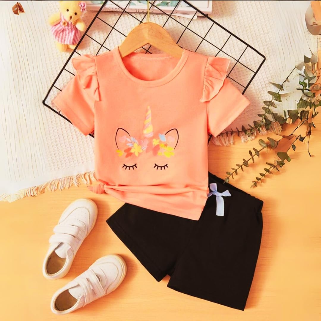 Fommy Baby Products - Baby Girl Dress with Unicorn Print Ruffle Trim Tee, Bow Front Shorts - T Shirt and Baby Clothes Set - Ideal Kids Clothes Girls (18-24 Month, Peach) 1