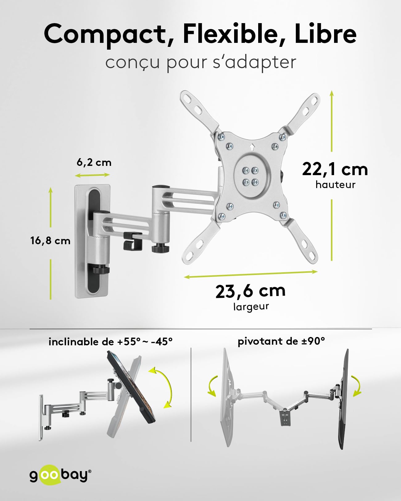 goobay Support TV Mural Camping-Car 13-43 Pouces Bras Extra Long 38 cm Orientable 180° VESA 200x200 Jusqu'à 15 kg - Orientation Totale M - 71989