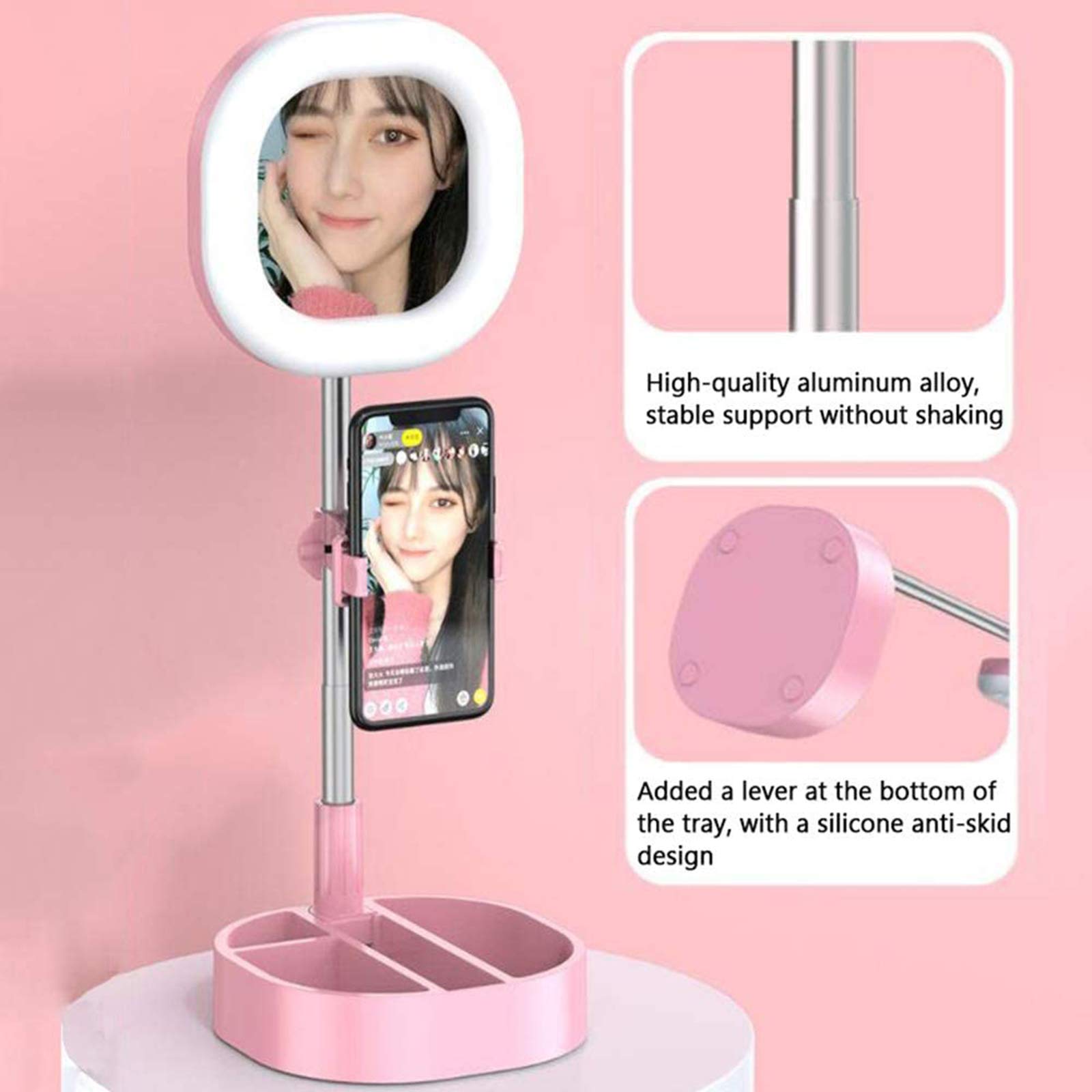 Luce ad Anello LED Pieghevole con Specchio per Il Trucco e Supporto per Telefono, Dimmerabile 3 modalità Colore Selfie Ring Light per Youtube, TIK Tok,Trucco, Fotografia,Blu