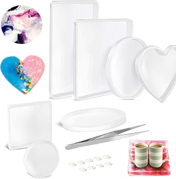 17PCS Large Resin Mold, Airlxf Silicone Resin Molds DIY Big Resin Casting Molds Kit Coaster Resin Molds Round Rectangle Heart Shaped Coaster Mold Decorative Mold for Casting