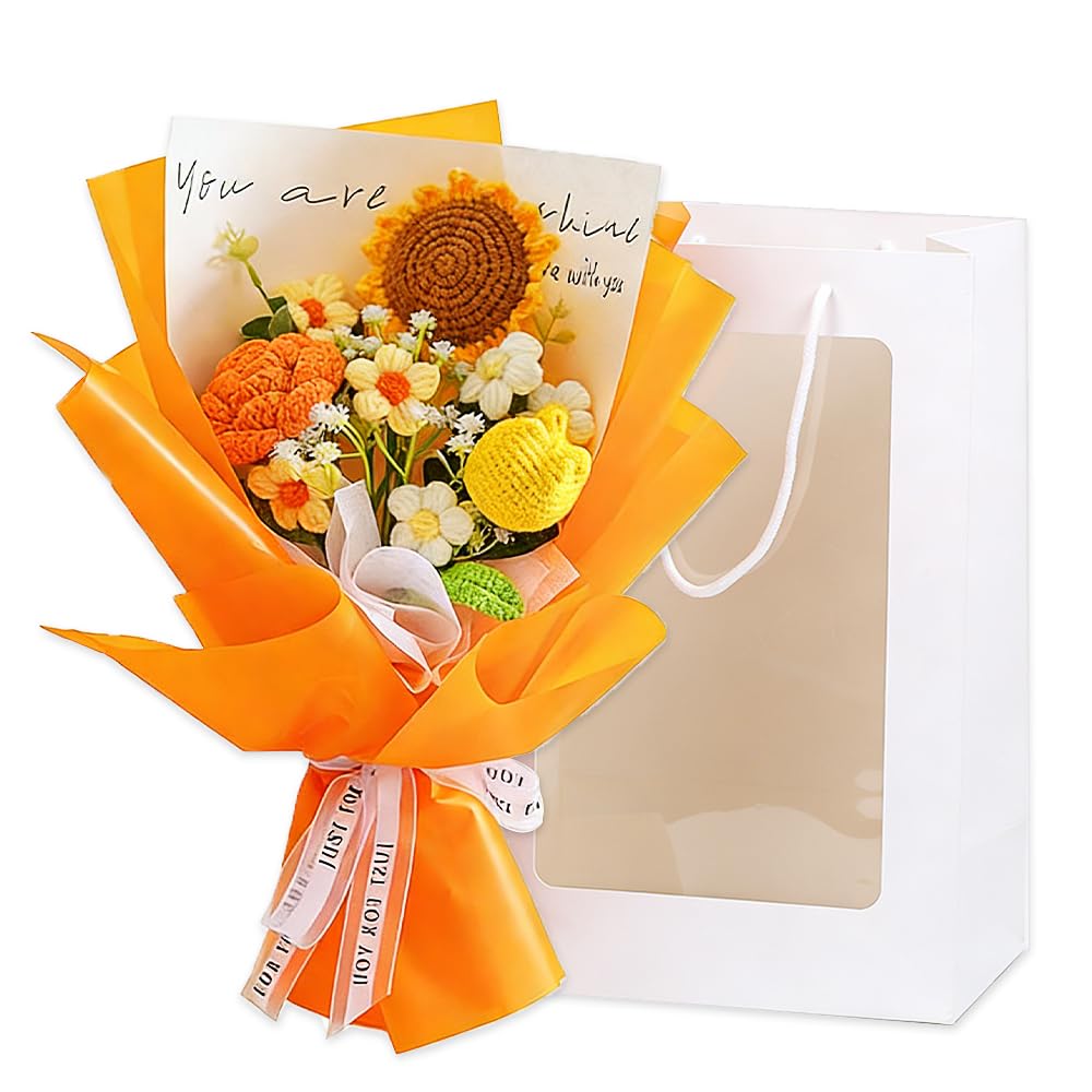 RNPKZ Crochet Flower Bouquet, Knitted Flowers, Knitted Flower Bouquet, Handmade Knitted Flower Arrangement for Home Decor Anniversary Birthday Mother's Day & Graduation (Orange)