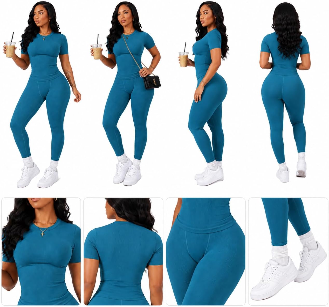 Women’s Ribbed 2 Piece Tracksuit Set Short Sleeve Top High Waist Leggings image 3