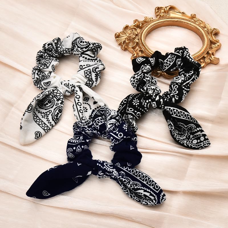 Scrunchy Hair Ties Bandana Hair Bow Ribbons for Women Bunny Ear Scrunchies for Women Girls 3Pcs Paisley Ponytail Holders - Image 3