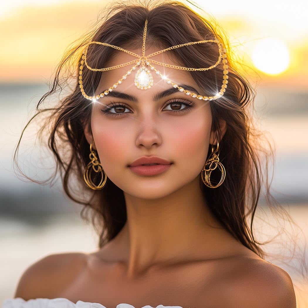 Urieo Layered Rhinestone Head Chain Jewelry Crystal Gold Headpiece Wedding Bridal Costume Hair Accessories for Women