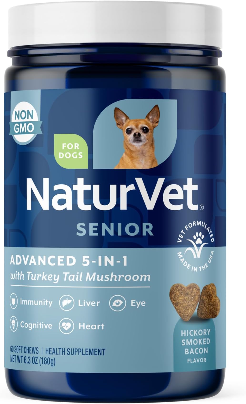 NaturVet Senior Advanced 5-in-1 Support Dog Supplement – Helps Support Immune System, Heart, Liver, Cognitive Function, Eye Health – Includes Ginkgo Biloba, Lutein – 60 Ct.