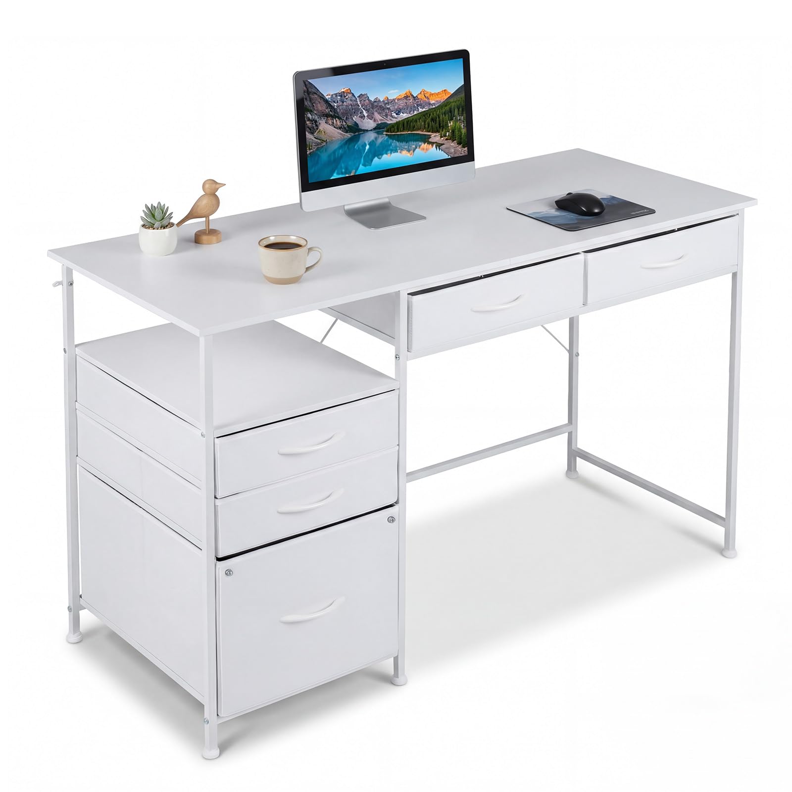 COSTWAY Biurko z 5 szufladami z materiału, 120 x 50 cm, stolik komputerowy z regałem, stół biurowy, stół do małych pomieszczeń, sypialni i salonu (białe)