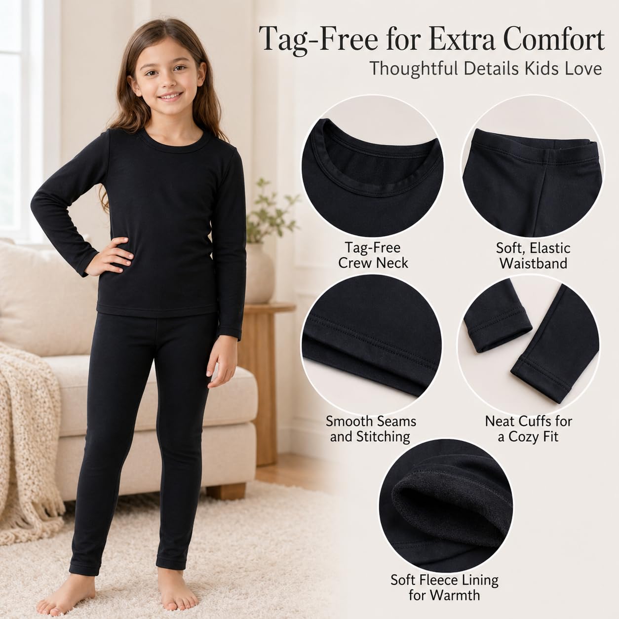 Conjunto de Ropa Interior Térmica para Niña Camiseta y Pantalón con Forro Polar, Pijama Cálido de Invierno, Capa Base Elástica Infantil (Negro, L)
