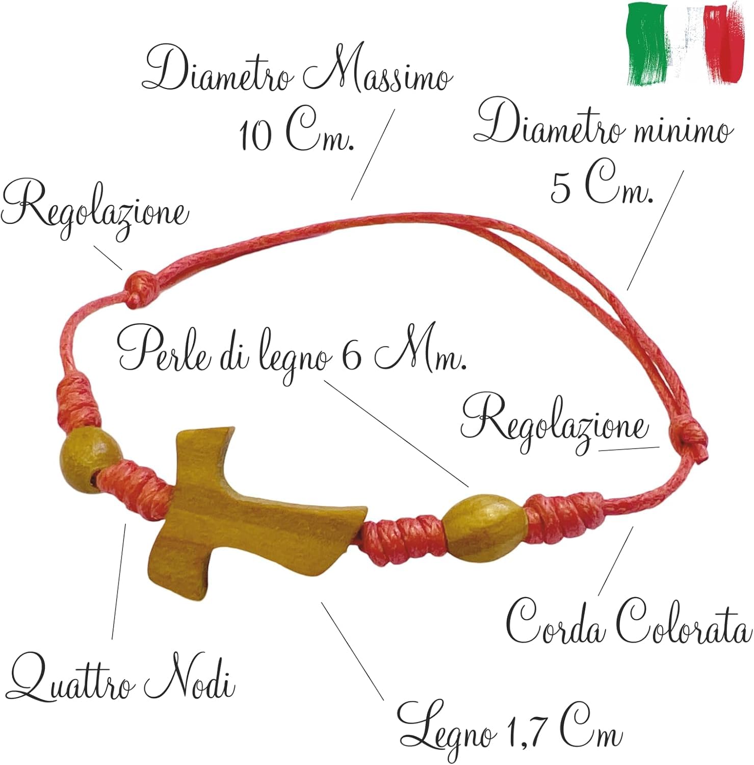 30 BRACCIALI Regolabili con Tau in ULIVO E Palline 6 Colori Assortiti Fabbricate nella Patria di San Francesco