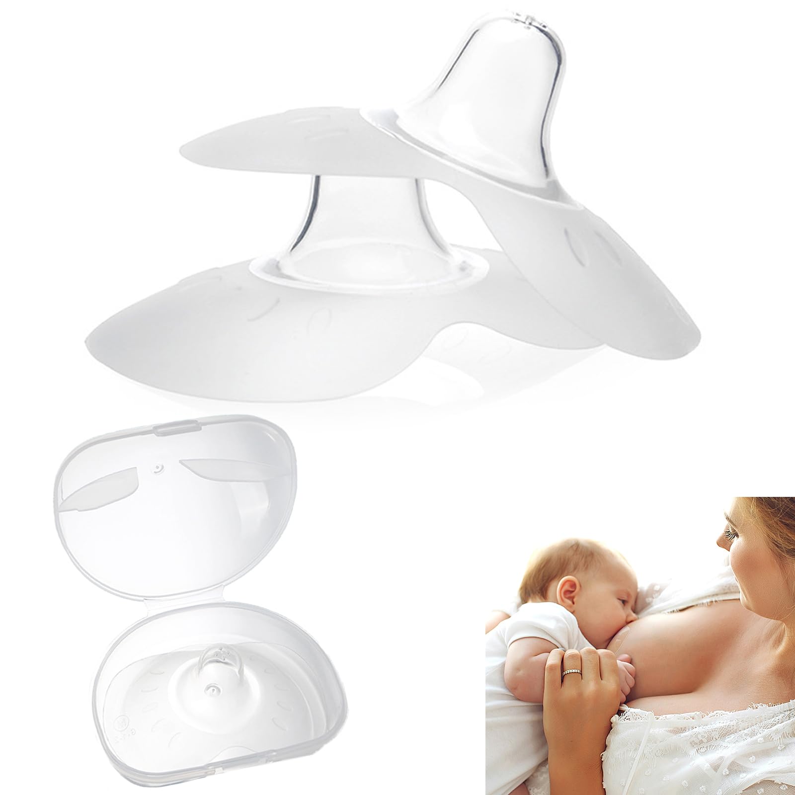 JEXFUN Contact Nipple Shields for Breastfed Newborns, 20mm Medium Nipple Shields, for Difficult Sucking or Flat or Inverted Nips, 2 Pack with Carrying Case, 100% Food Grade Silicone, BPA Free