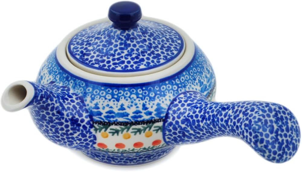 Polmedia Polish Pottery Tea or Coffee Pot UNIKAT - Winter Forest Pattern Handmade in Boleslawiec Poland by Ceramika Artystyczna + Certificate of Authenticity