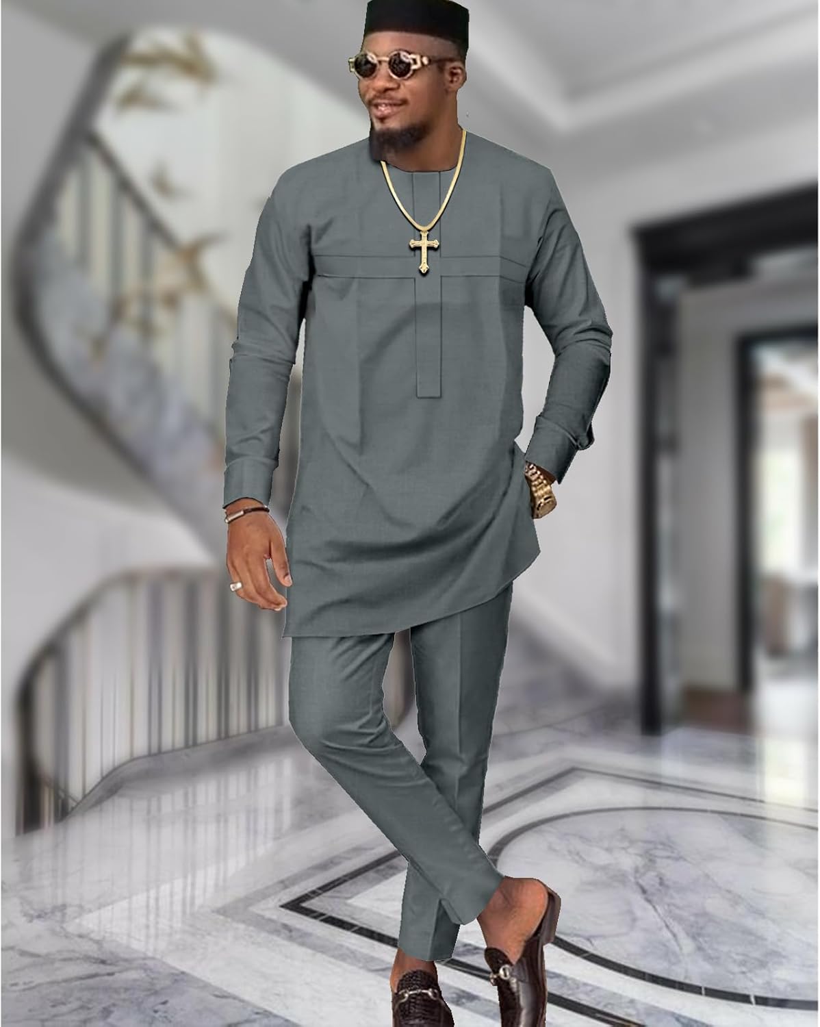 African Church Suits for Men Dashiki Shirt Pant Two Piece Outfits Casual Attire Nigerian Clothes - Image 2