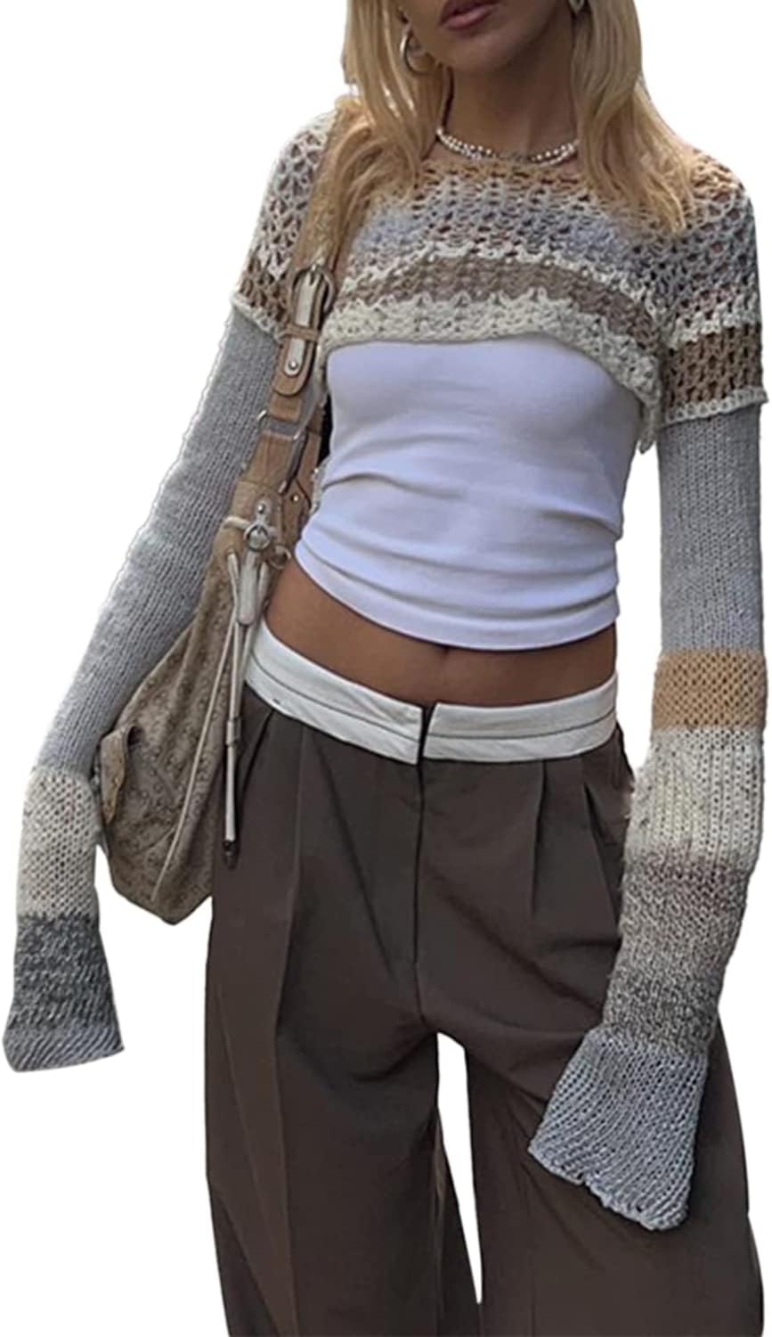 Sumleno2022 Grunge Clothes Trendy Shrug Crop Top Long Sleeve Color Block Cropped Sweater Cut Out Y2k Knitted Pullover