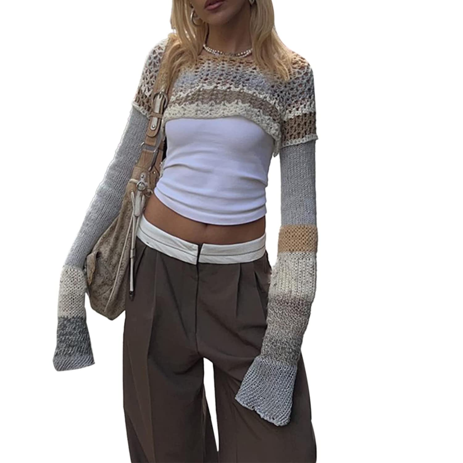 Sumleno2022 Grunge Clothes Trendy Shrug Crop Top Long Sleeve Color Block Cropped Sweater Cut Out Y2k Knitted Pullover