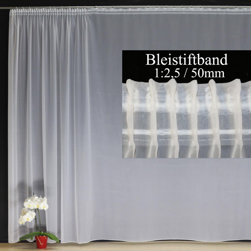 Hochwertige Fertiggardine Voile Store Deko Schal mit Faltenband Bleiband BLEISTIFTBAND 1:2,5/50 mm (größe wählbar), 140 x 450 cm (Höhe x Breite)