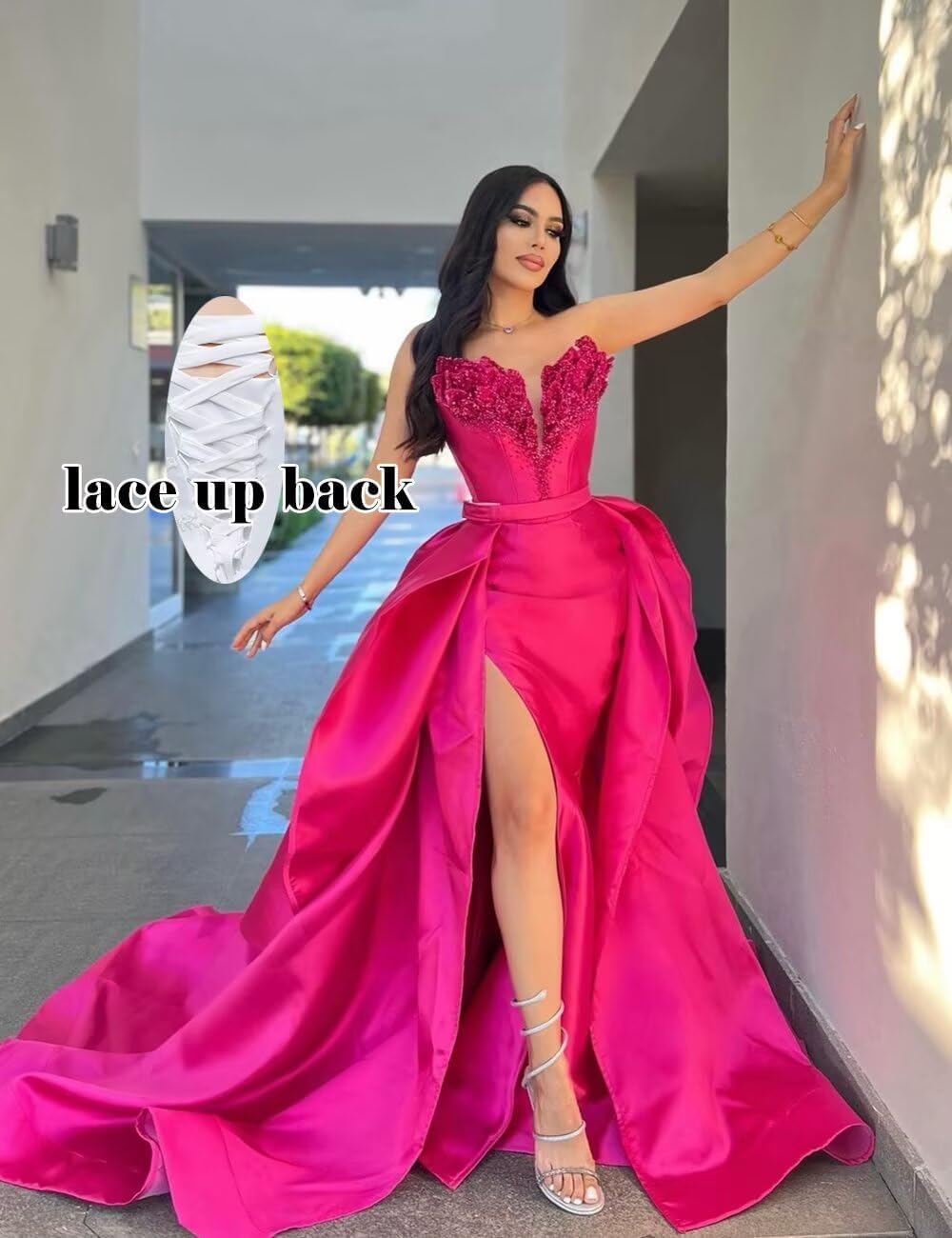 zcbang Satin Prom Dresses for Women 2026 Beaded Strapless Mermaid Formal Evening Party Gowns with Slit - Image 2