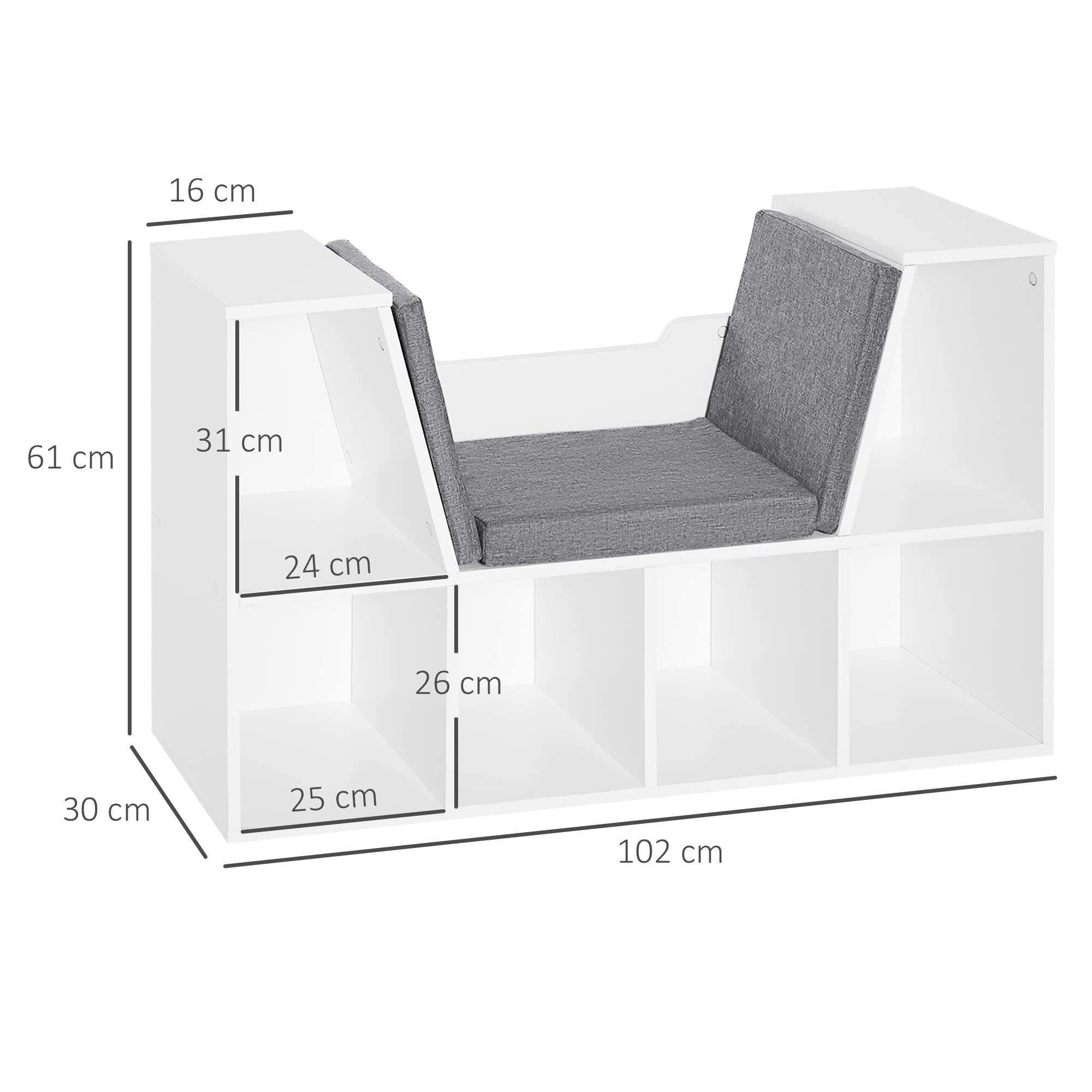 HOMCOM Librería con Asiento, Estantería de Libros con 6 Cubos, Estantería Almacenamiento con Banco con Cojín, Multiusos para Sala de Estar, Oficina, Dormitorio, 102x30x61cm, Blanco y Gris