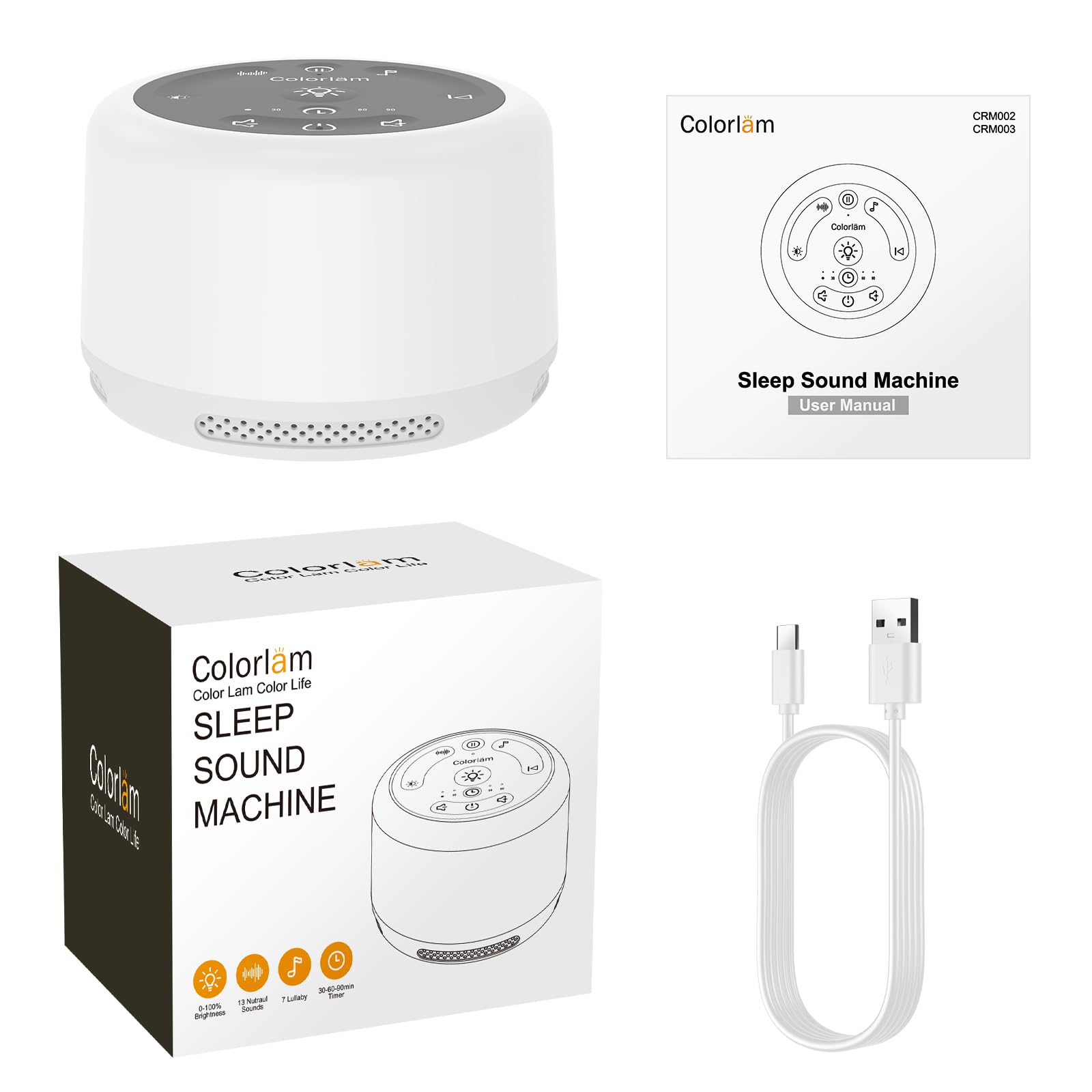 Máquina de Ruido Blanco Función de Audio Inalámbrico Máquina de Sonido para Dormir 20 Tipos de Sonidos 1200 mAh con Pegatinas de Bricolaje Ruido Blanco para Bebé, Niño o Adulto