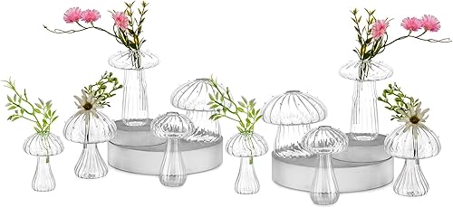 Miniatura 7 de Hewory Jarrón de cristal con forma de hongo para flores, 5 jarrones de flores transparentes pequeños únicos, floreros hidropónicos de propagación de