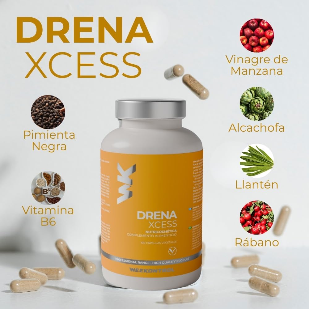 Drena Xcess Anticelulítico, Drenante, Détox para la Retención de Líquidos con Alcachofa, Vinagre de Manzana, Pimienta Negra y Vitamina b6. Diurético para Control de Peso y Piernas Cansadas