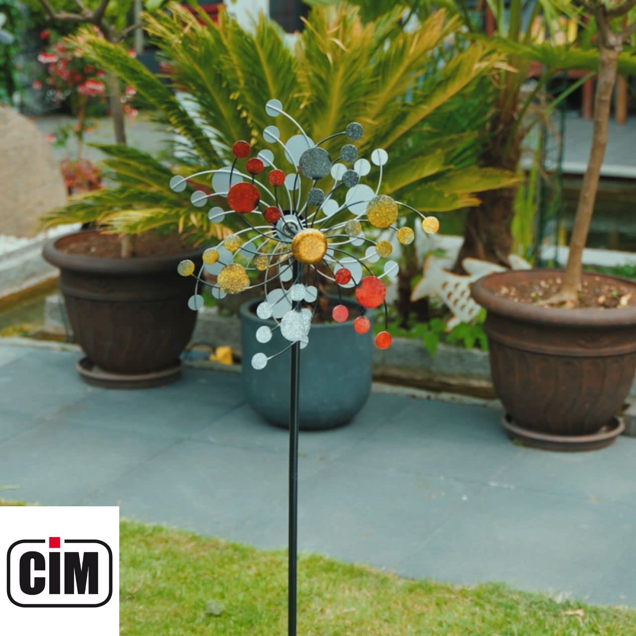 CIM Girandola a vento in metallo doppia girandola con coriandoli dorati dimensioni Ø 35 cm altezza totale 130 cm resistente alle intemperie verniciato a polvere avvitabile con ancoraggio a 2 punte