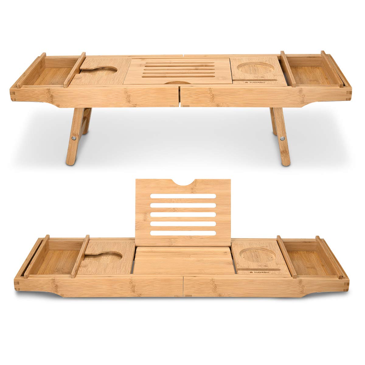 Navaris Bambus Badewannenablage Frühstückstablett ausziehbar - Buch Ablage Weinglas Halterung - Tablett für Badewanne und Bett - aus Holz in Braun